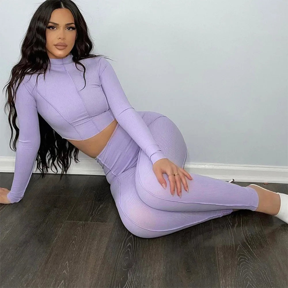 Autumn Women New Long Sleeved Set with Solid Color round Neck High Waist Sexy Slim Fit Fashion Set Two Piece Set Reverse Design