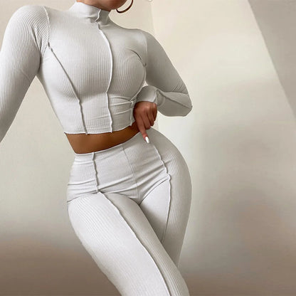 Autumn Women New Long Sleeved Set with Solid Color round Neck High Waist Sexy Slim Fit Fashion Set Two Piece Set Reverse Design