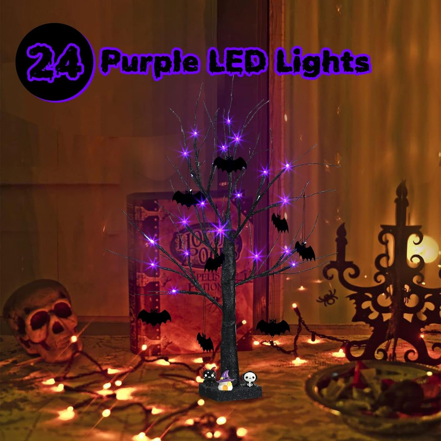 Halloween Decorations, 2FT Black Halloween Tree with 24 Purple Lights and 8 Bat Ornaments, Light up Halloween Decorations with Timer for Indoor Home Desk Table Decor Battery Powered