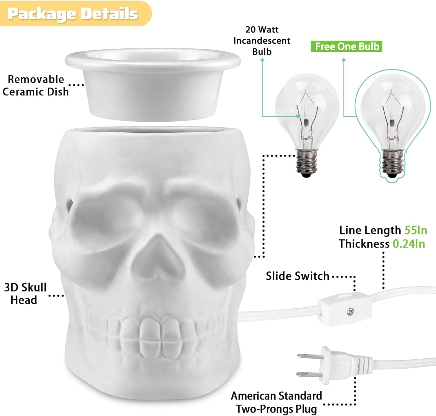 Skull Wax Melt Warmer, Ceramic Electric Fragrance Wax Warmer for Scented Wax Oil Wax Melter Burner for Home Decor/Office/Living Room,Two Bulbs Packed, Halloween Collection- Resurgent Skull