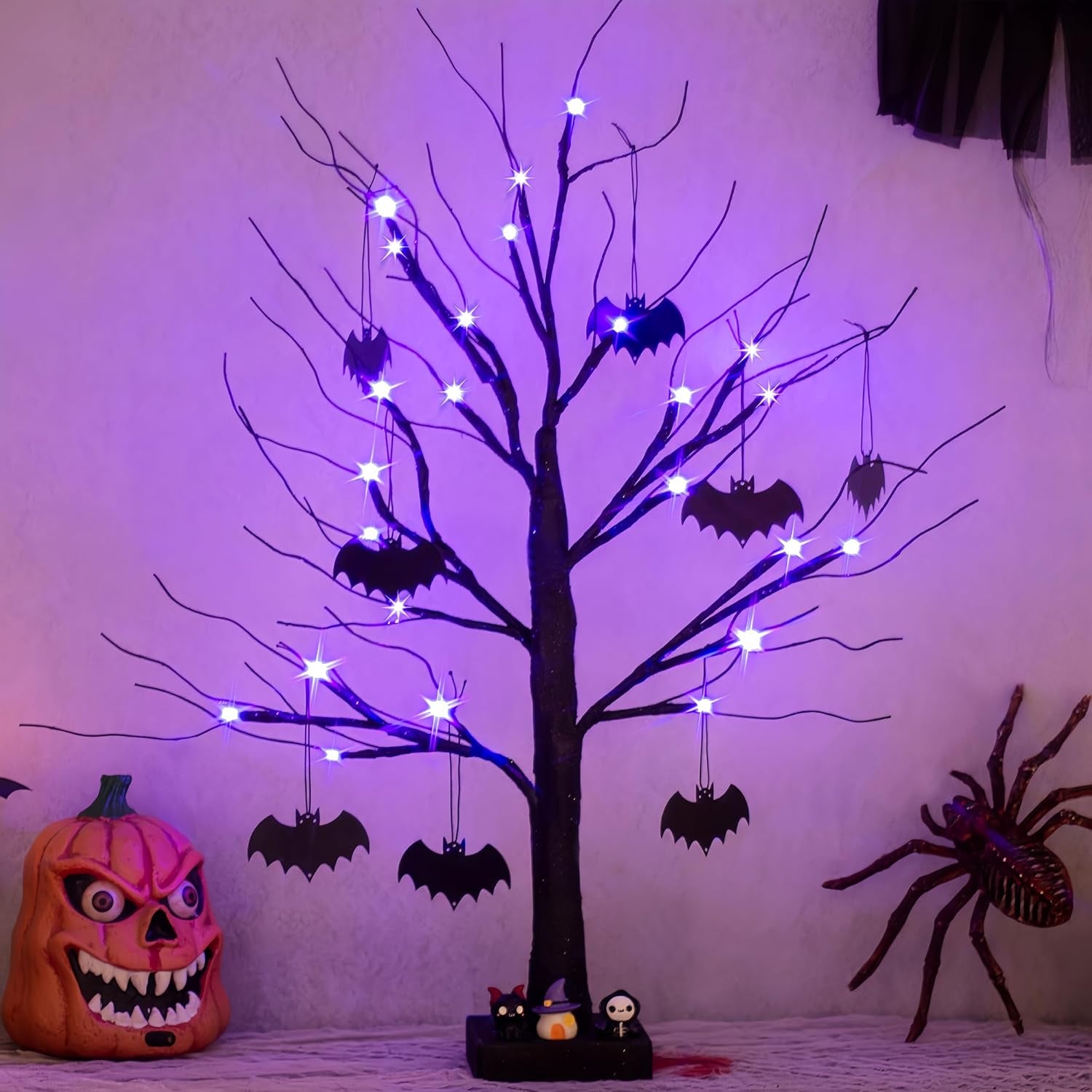 Halloween Decorations, 2FT Black Halloween Tree with 24 Purple Lights and 8 Bat Ornaments, Light up Halloween Decorations with Timer for Indoor Home Desk Table Decor Battery Powered