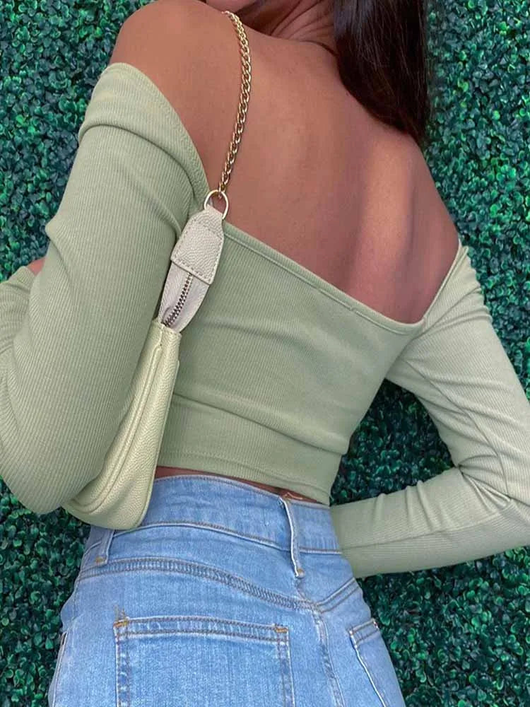 Hollow-Out V-Neck Long Sleeve Crop Tops Spring Fall Casual Fashion Women Square Collar Slim Ribbed T-Shirts Backless Tee