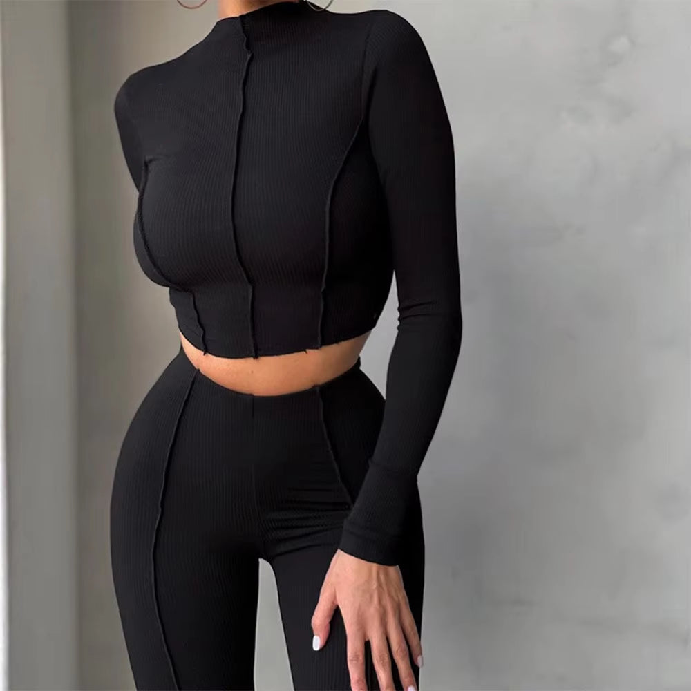 Autumn Women New Long Sleeved Set with Solid Color round Neck High Waist Sexy Slim Fit Fashion Set Two Piece Set Reverse Design