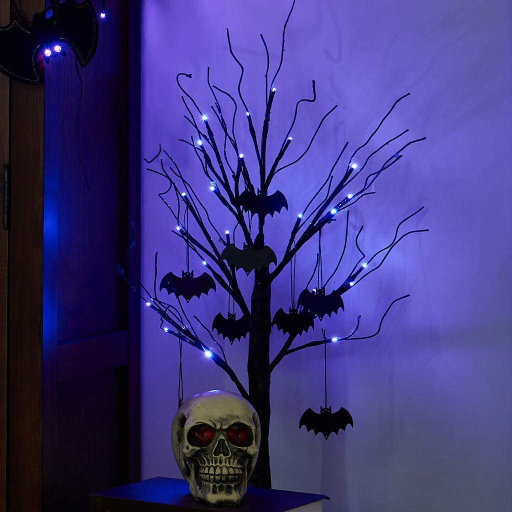 Halloween Decorations, 2FT Black Halloween Tree with 24 Purple Lights and 8 Bat Ornaments, Light up Halloween Decorations with Timer for Indoor Home Desk Table Decor Battery Powered